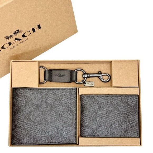 COACH Men's Black 3 Piece Canvas Calf Leather Wallet Set in Gift Box CW344 - Picture 1 of 5